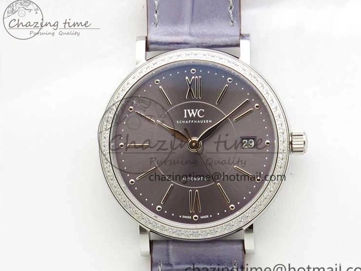 MIROTIME 0227 Attractive Portofino 37mm SS V7F 1:1 Best Edition Gray Dial Diamonds Bezel on Gray Leather Strap A 7091
